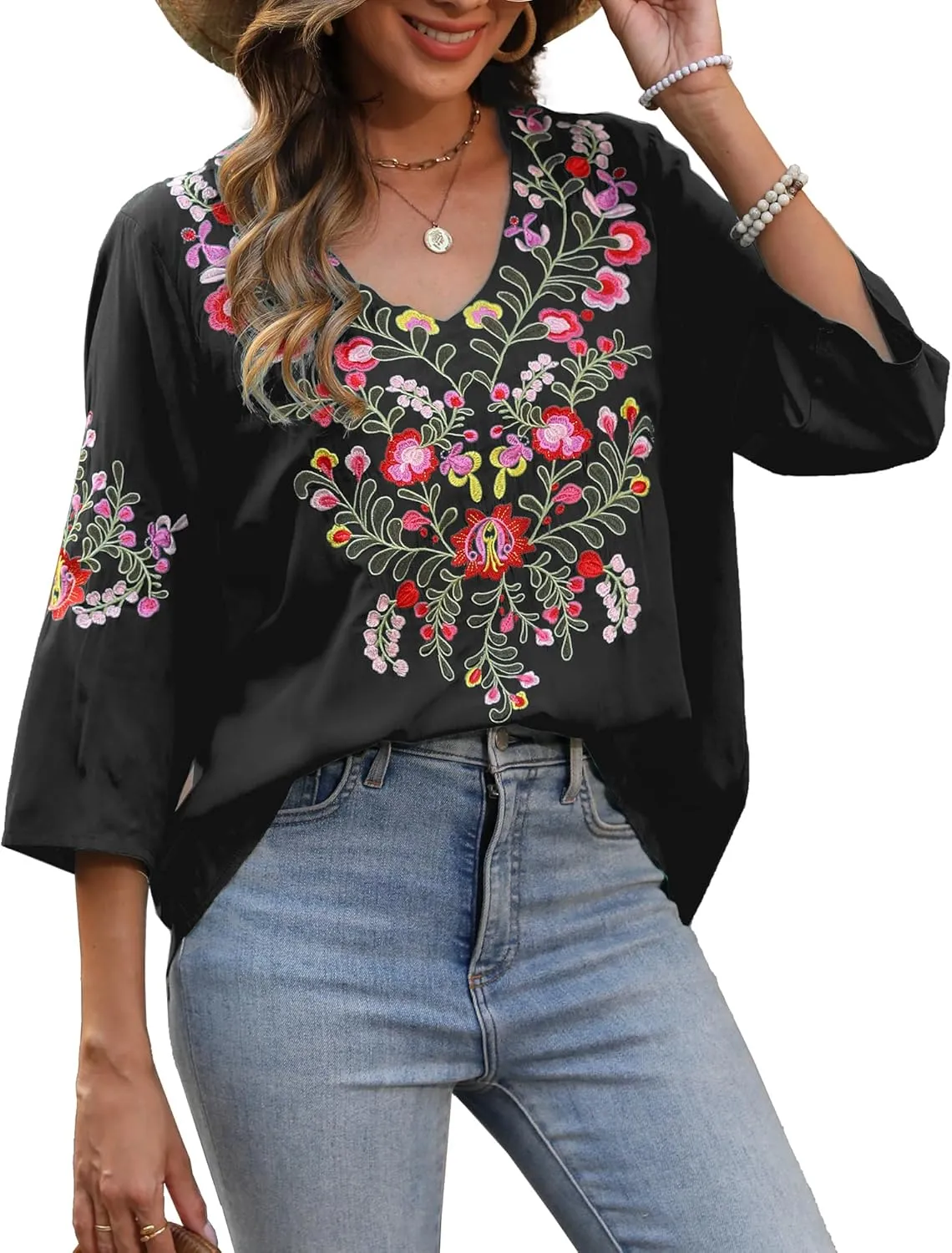 AK Mexican Embroidered Tops for Women Boho Floral 3/4 Sleeve Peasant Blouses Summer Casual Boho Clothes Hippie Shirt
