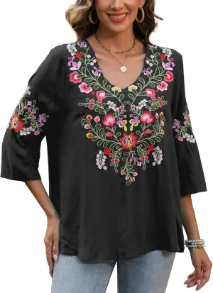 AK Mexican Embroidered Tops for Women Boho Floral 3/4 Sleeve Peasant Blouses Summer Casual Boho Clothes Hippie Shirt