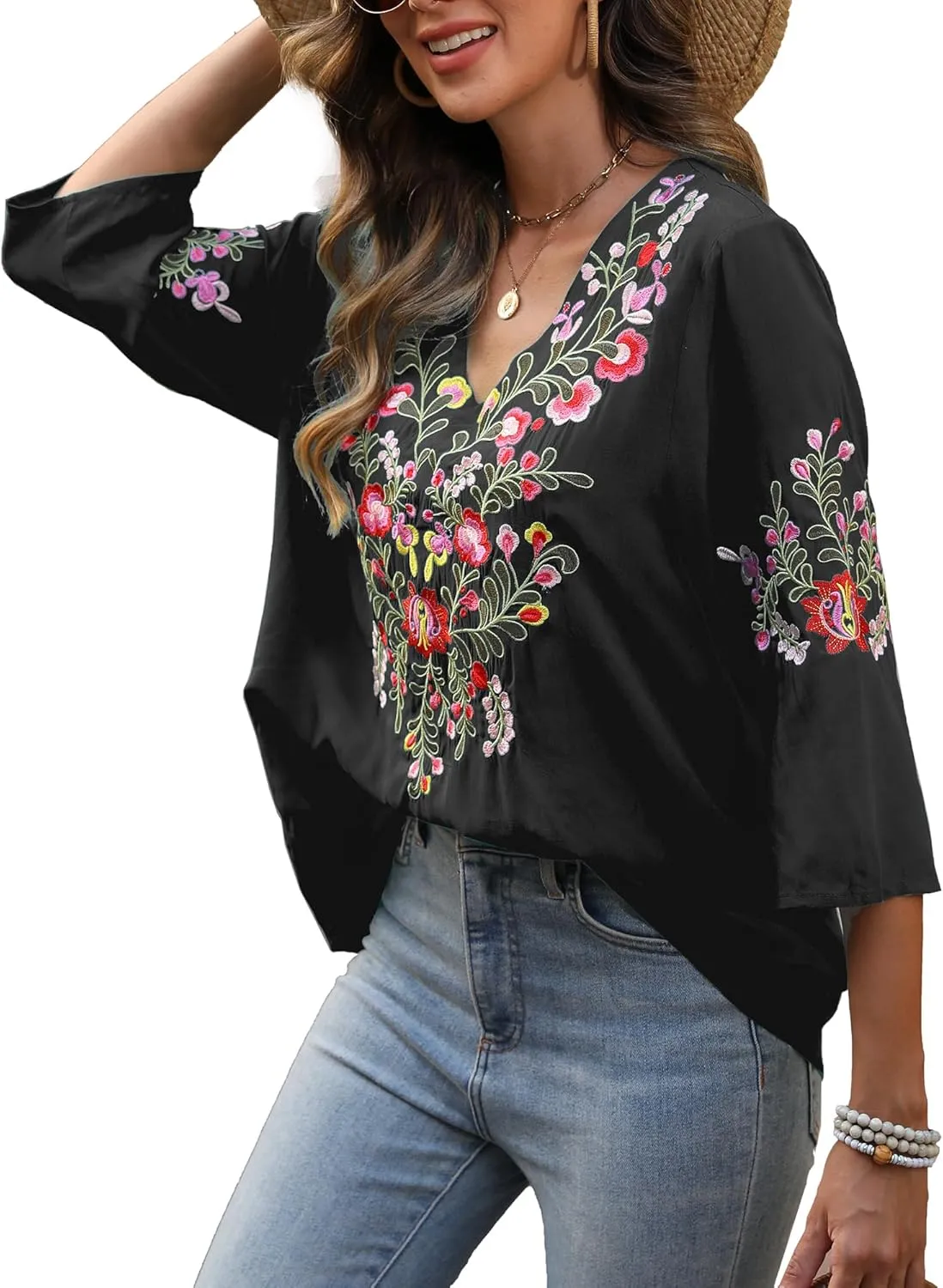 AK Mexican Embroidered Tops for Women Boho Floral 3/4 Sleeve Peasant Blouses Summer Casual Boho Clothes Hippie Shirt