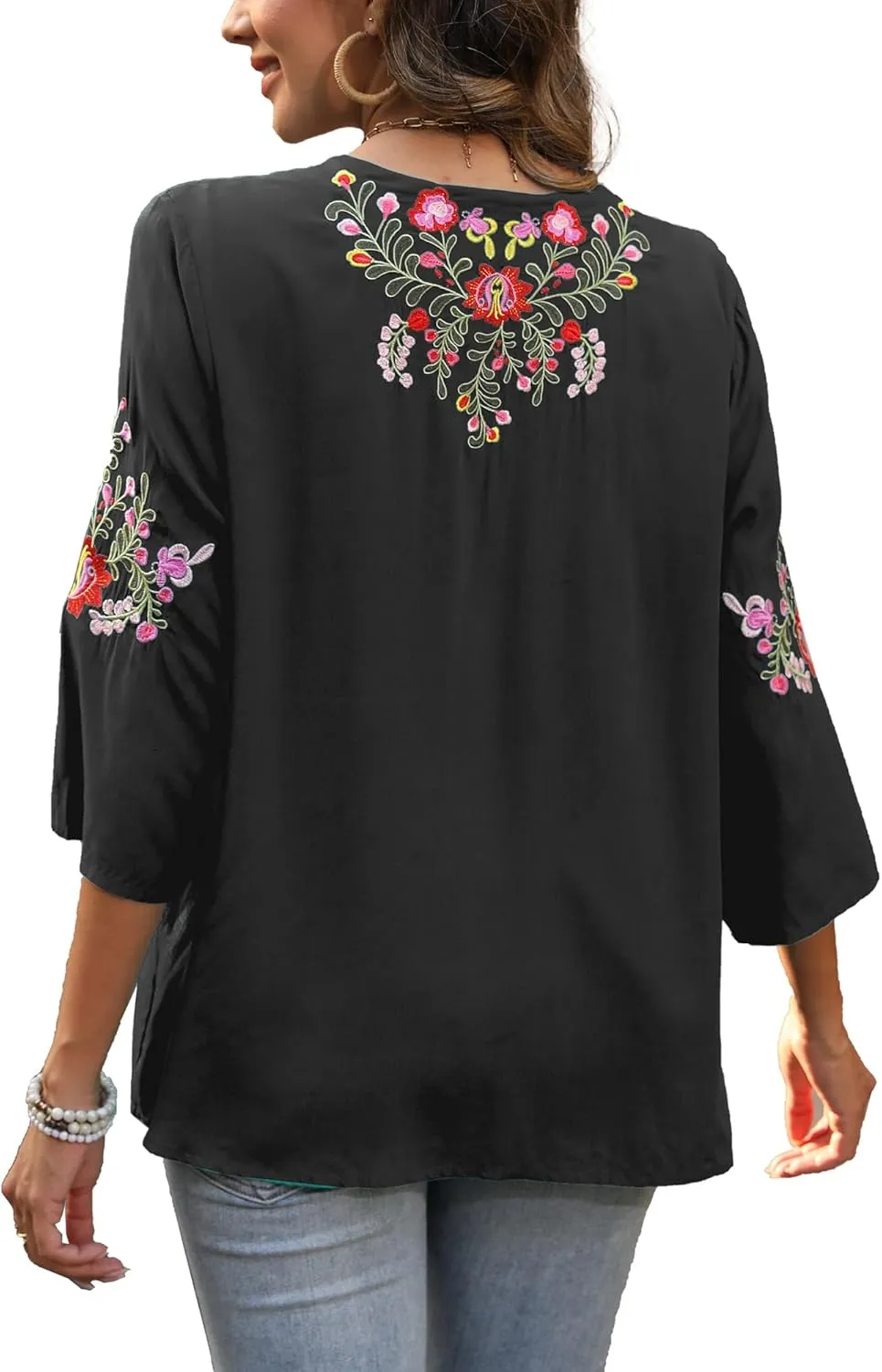 AK Mexican Embroidered Tops for Women Boho Floral 3/4 Sleeve Peasant Blouses Summer Casual Boho Clothes Hippie Shirt