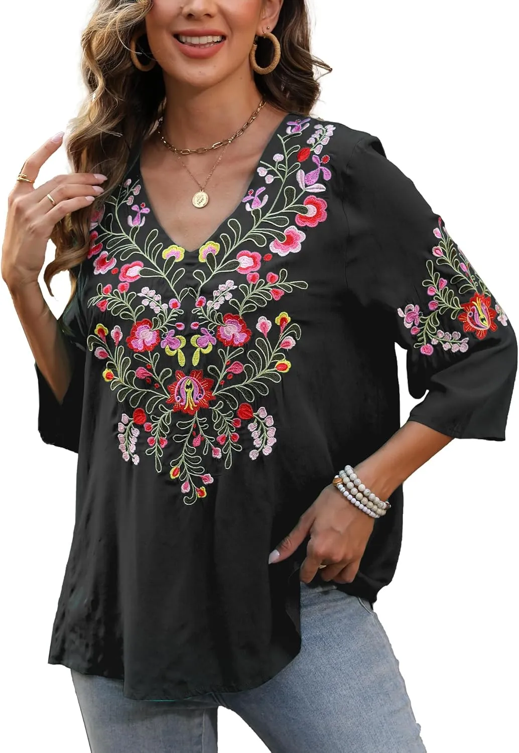 AK Mexican Embroidered Tops for Women Boho Floral 3/4 Sleeve Peasant Blouses Summer Casual Boho Clothes Hippie Shirt