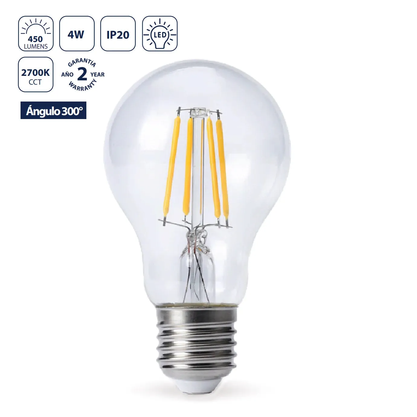 Bombillo Filamento LED A19 4W E27 2700K Luz Cálida, 450 Lumens, Rosca Gruesa, Encendido Inmediato 60X108 Mm. Foco.