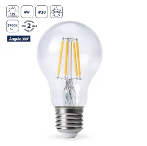Bombillo Filamento LED A19 4W E27 2700K Luz Cálida, 450 Lumens, Rosca Gruesa, Encendido Inmediato 60X108 Mm. Foco.