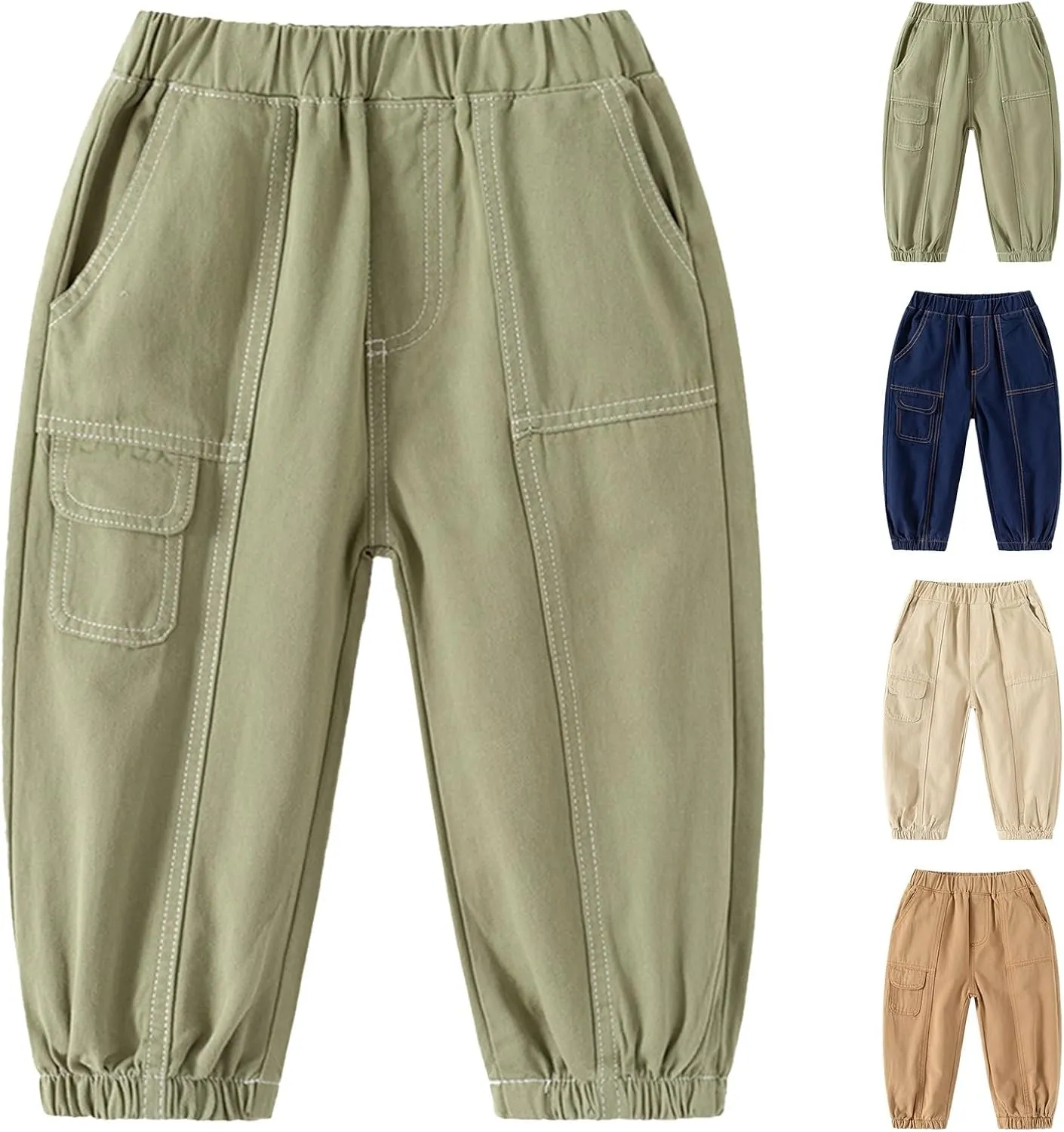 Boys Wide Leg Cargo Baggy Pants Pull On Elastic Waist Twill Baggy Joggers Casual Loose Hiking Sport Thick Pants