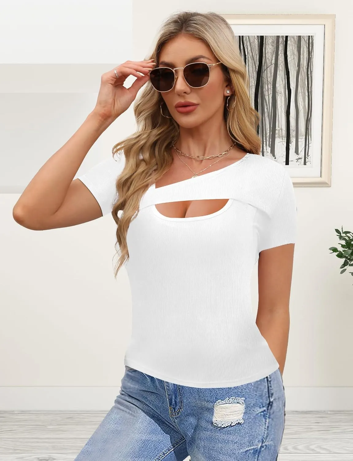 Buauty Womens Cutout Tshirts One Piece Summer Tops Ribbed Slim tees Short Sleeve Fitted Shirt Sexy Fashion Basic Clothes 2025