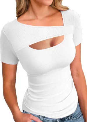Buauty Womens Cutout Tshirts One Piece Summer Tops Ribbed Slim tees Short Sleeve Fitted Shirt Sexy Fashion Basic Clothes 2025