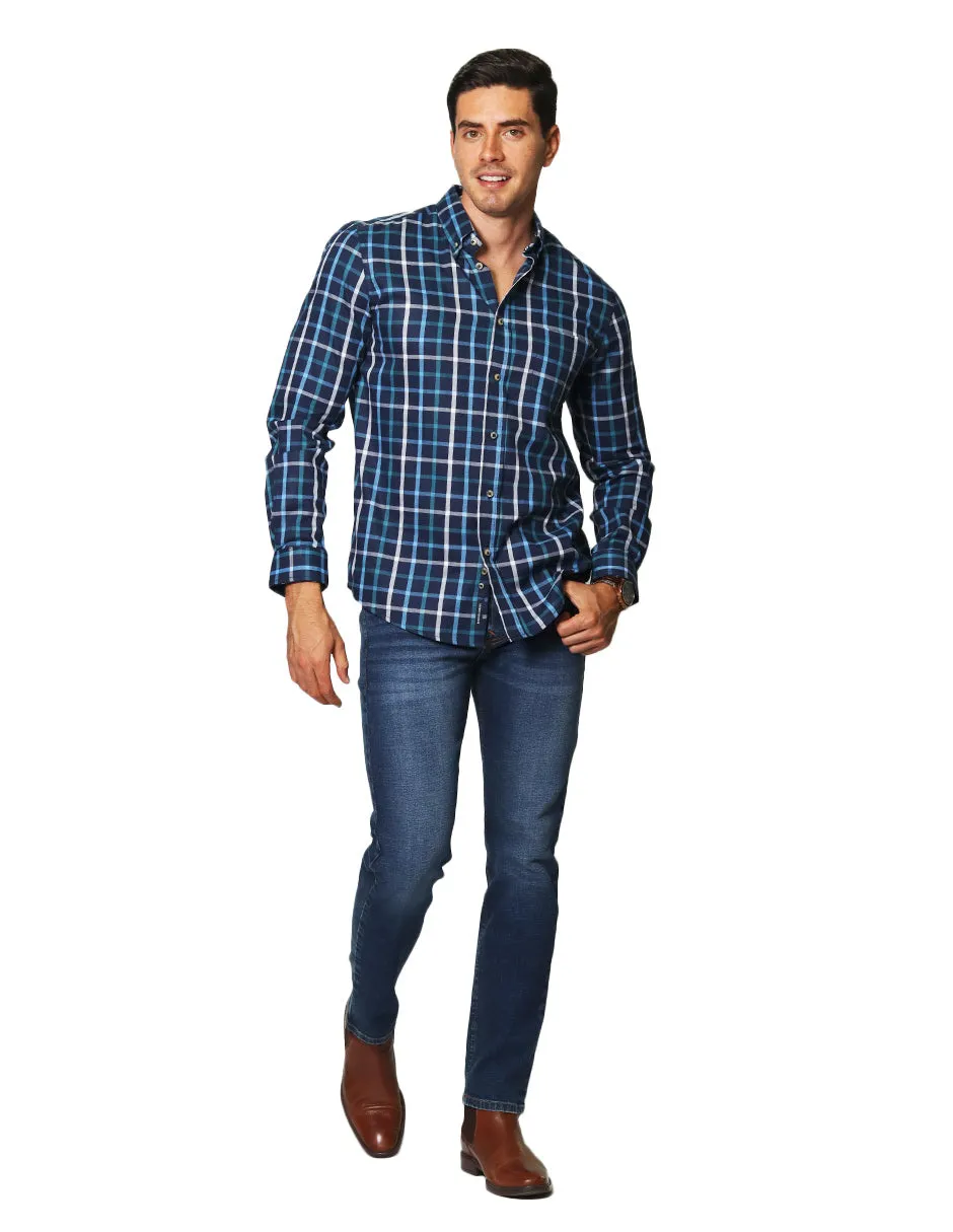 Camisas Hombre Casuales De Manga Larga Con Estampado De Cuadros Relaxed Fit B35108 Marino