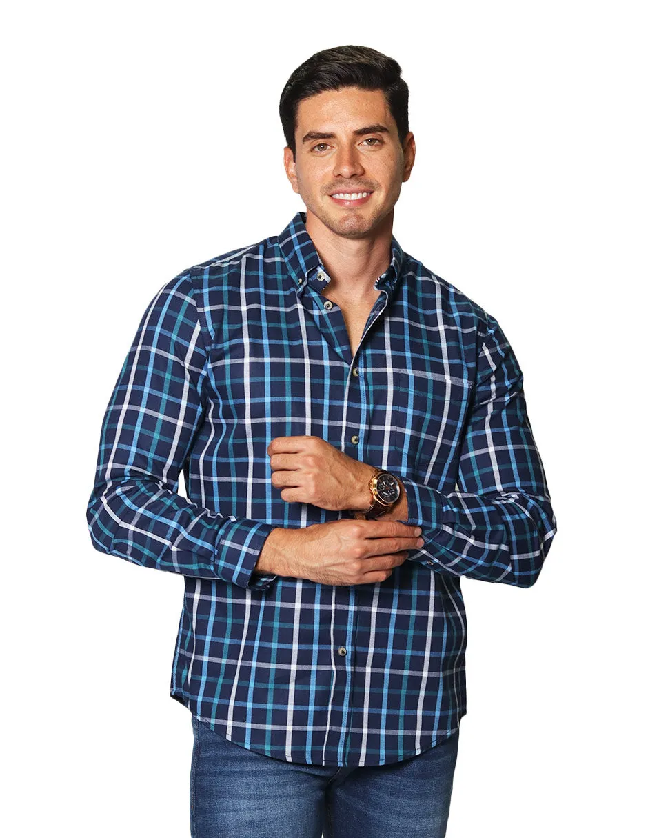 Camisas Hombre Casuales De Manga Larga Con Estampado De Cuadros Relaxed Fit B35108 Marino
