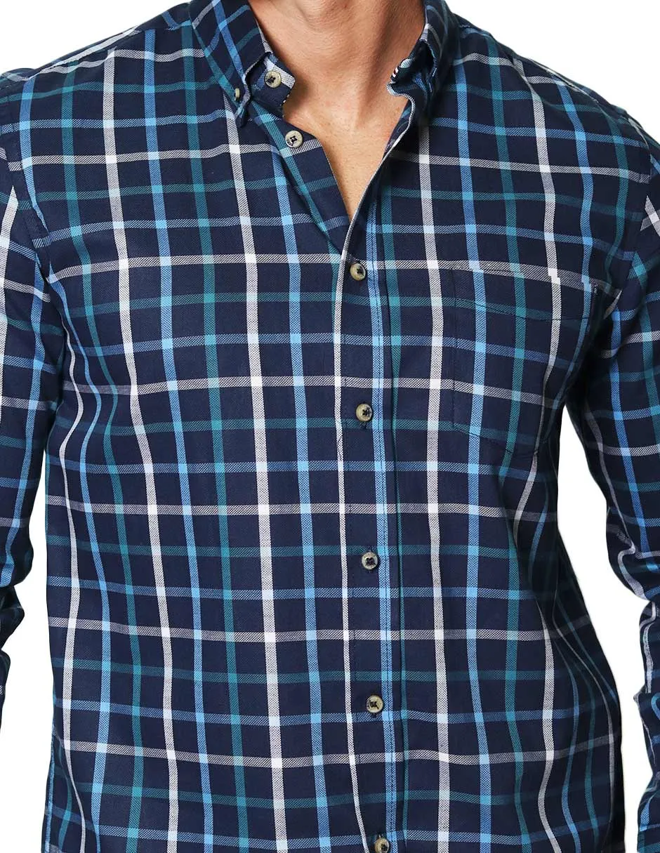 Camisas Hombre Casuales De Manga Larga Con Estampado De Cuadros Relaxed Fit B35108 Marino