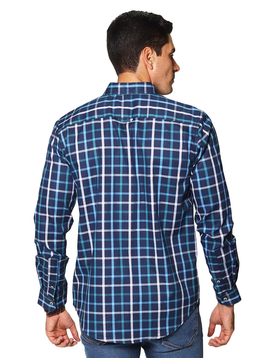 Camisas Hombre Casuales De Manga Larga Con Estampado De Cuadros Relaxed Fit B35108 Marino