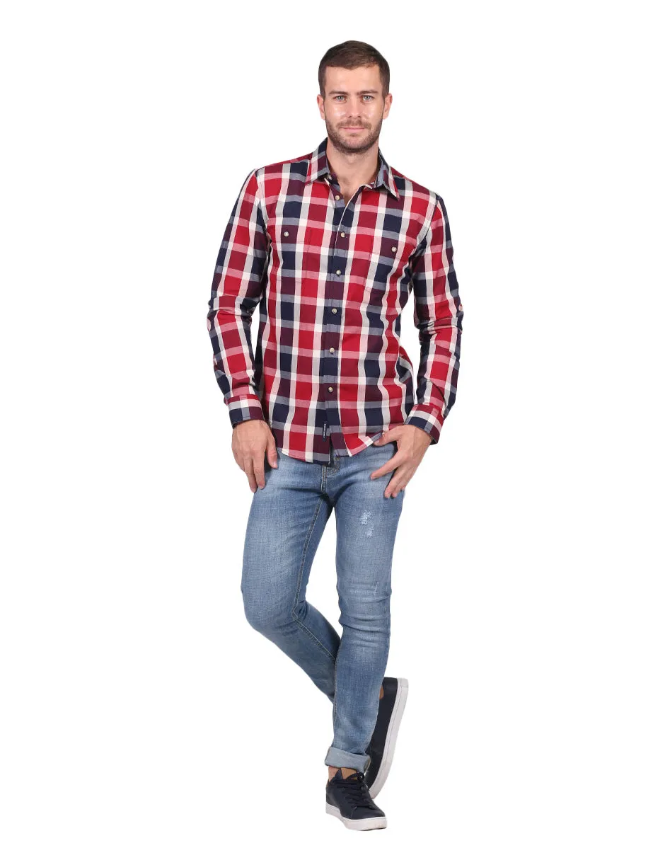 Camisas Hombre Casuales Moda Manga Larga Cuadros Beige B25127