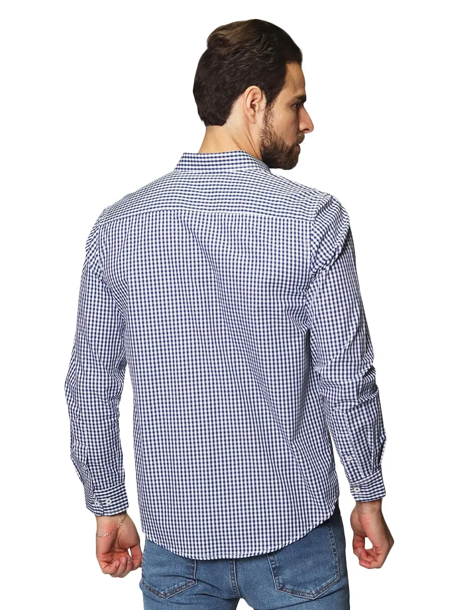 Camisas Para Hombre De Manga Larga Cuello Americano Con Estampado De Cuadros Medianos Regular Fit B41215 Marino