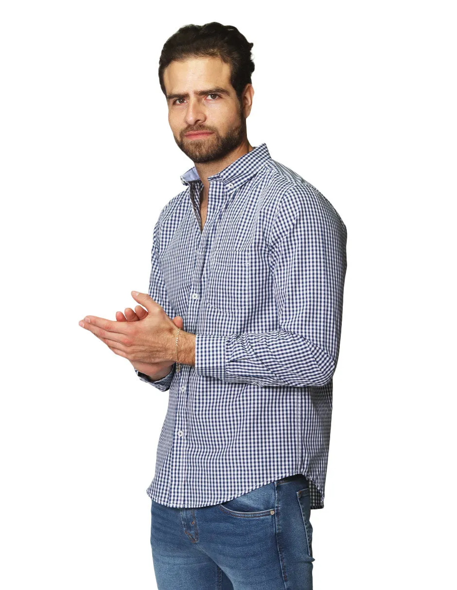 Camisas Para Hombre De Manga Larga Cuello Americano Con Estampado De Cuadros Medianos Regular Fit B41215 Marino
