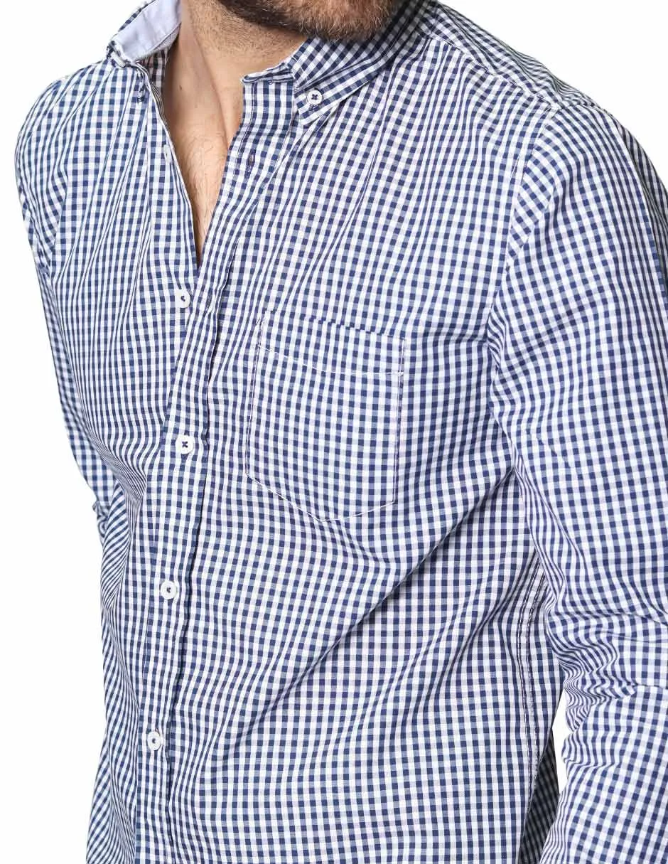 Camisas Para Hombre De Manga Larga Cuello Americano Con Estampado De Cuadros Medianos Regular Fit B41215 Marino