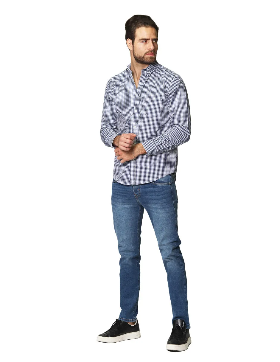 Camisas Para Hombre De Manga Larga Cuello Americano Con Estampado De Cuadros Medianos Regular Fit B41215 Marino
