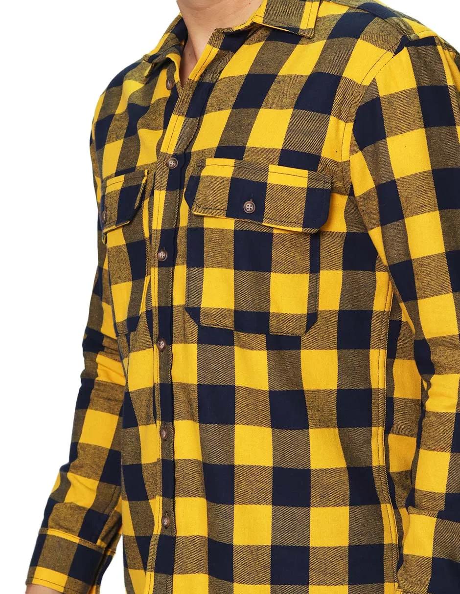 Camisas Para Hombre De Manga Larga Tipo Franela Con Estampado De Cuadros Relaxed Fit B35124 Amarillo