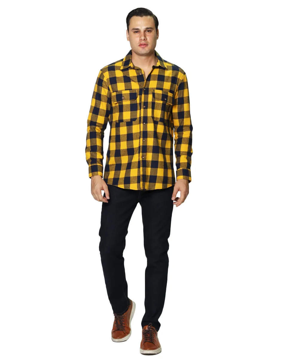 Camisas Para Hombre De Manga Larga Tipo Franela Con Estampado De Cuadros Relaxed Fit B35124 Amarillo