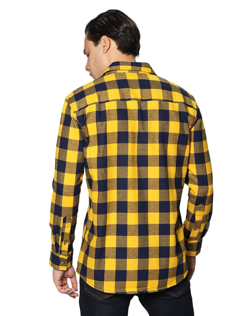Camisas Para Hombre De Manga Larga Tipo Franela Con Estampado De Cuadros Relaxed Fit B35124 Amarillo