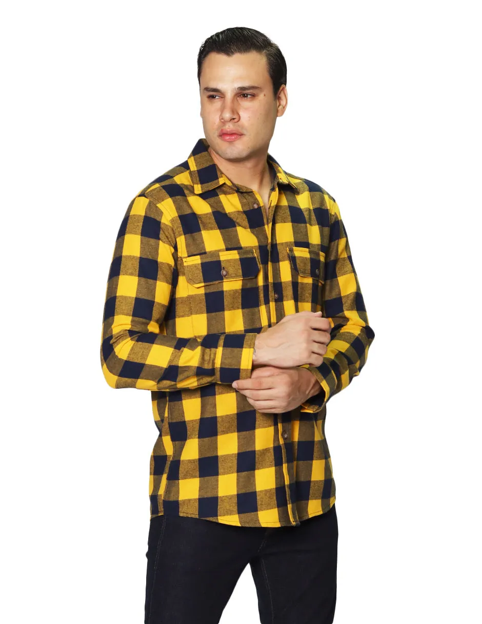 Camisas Para Hombre De Manga Larga Tipo Franela Con Estampado De Cuadros Relaxed Fit B35124 Amarillo