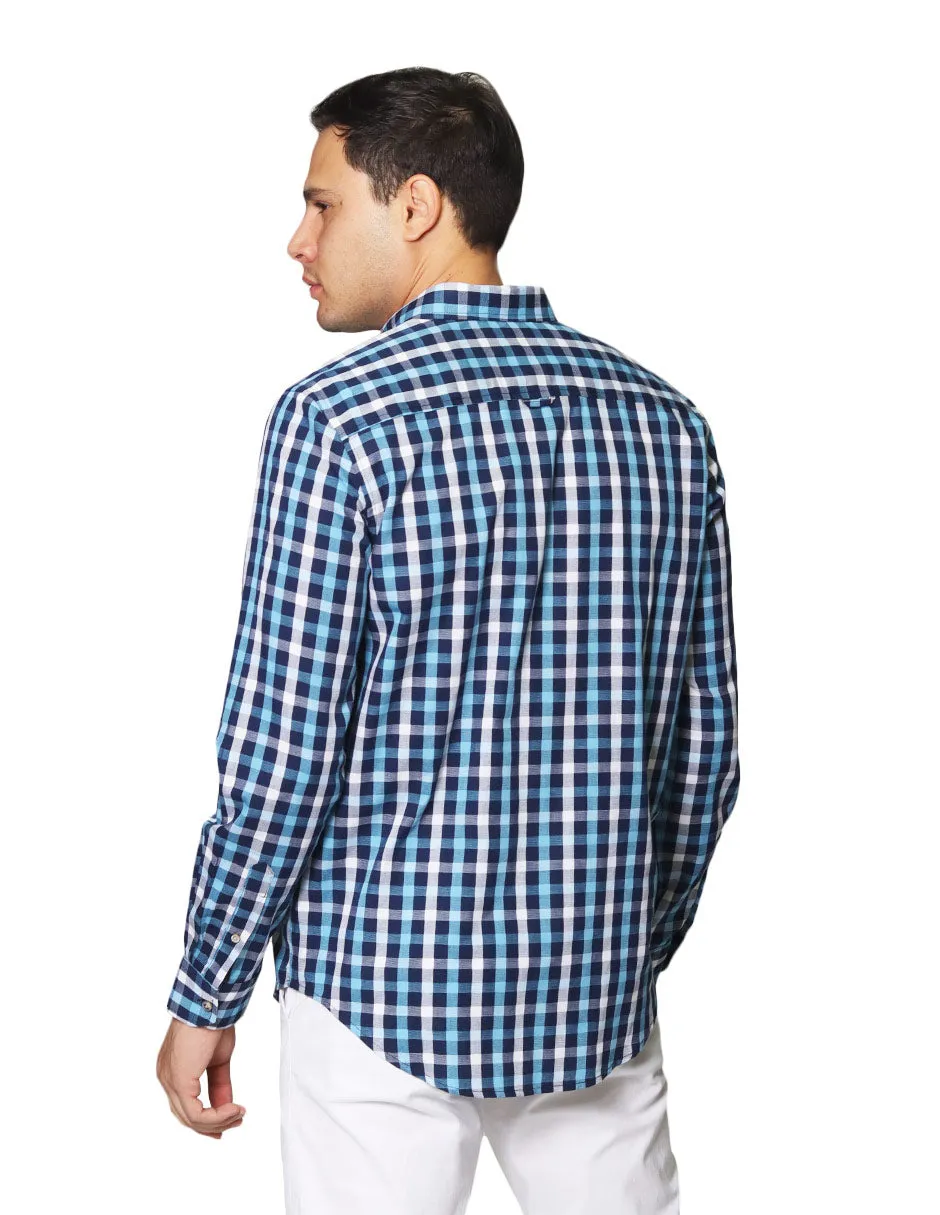 Camisas Para Hombre Dobby De Manga Larga Con Estampado De Cuadros Cuello Button Down Regular Fit B41108 Azul