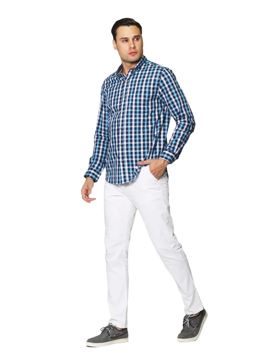 Camisas Para Hombre Dobby De Manga Larga Con Estampado De Cuadros Cuello Button Down Regular Fit B41108 Azul