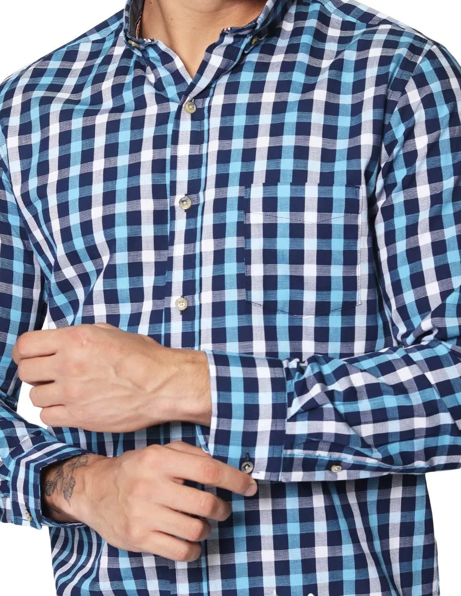 Camisas Para Hombre Dobby De Manga Larga Con Estampado De Cuadros Cuello Button Down Regular Fit B41108 Azul