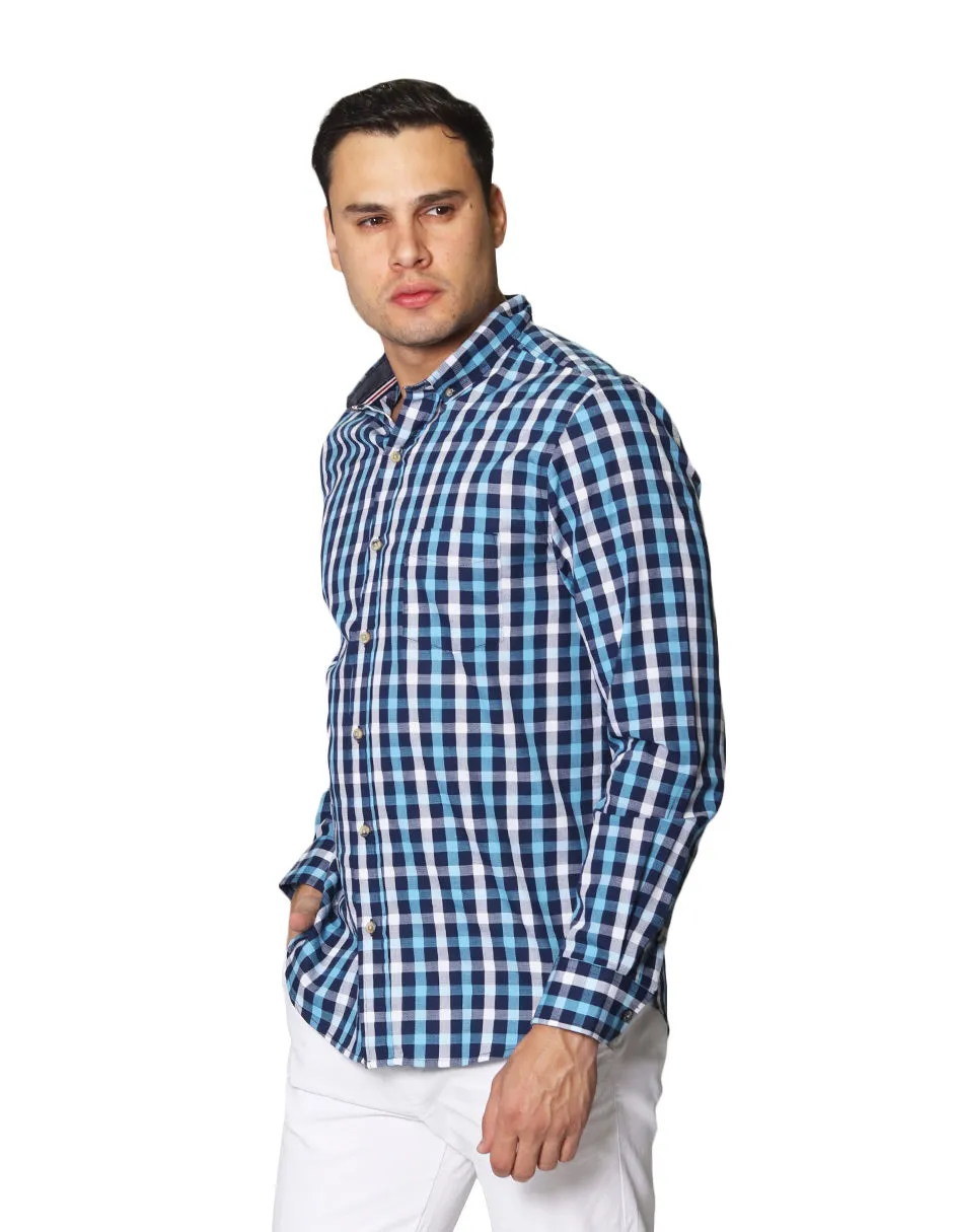 Camisas Para Hombre Dobby De Manga Larga Con Estampado De Cuadros Cuello Button Down Regular Fit B41108 Azul