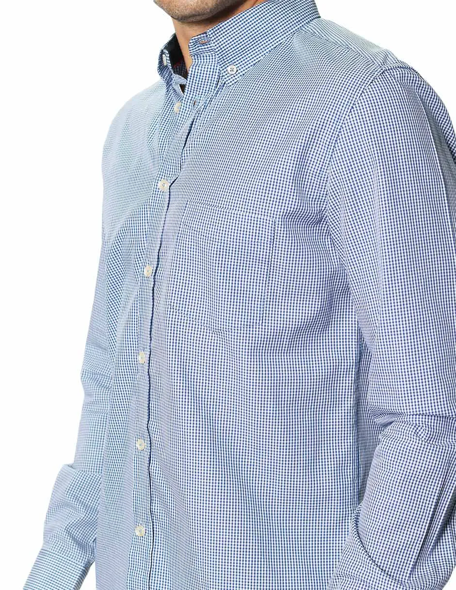 Camisas Para Hombre Manga Larga Micro Cuadros B45202 Azul