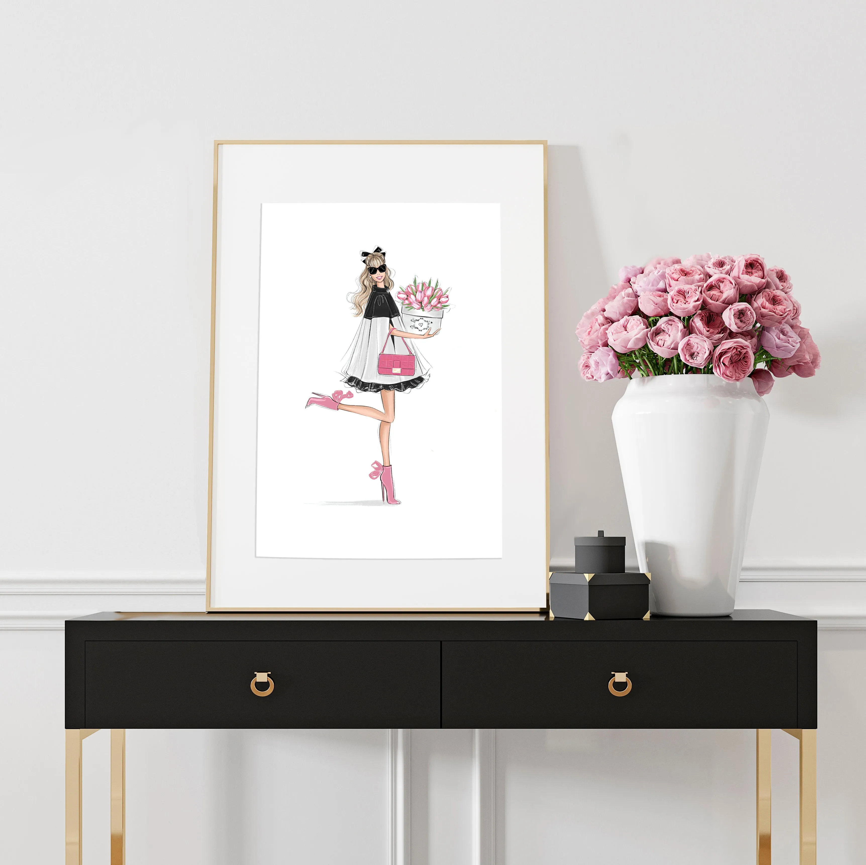Classy girl with tulips art print fashion illustration