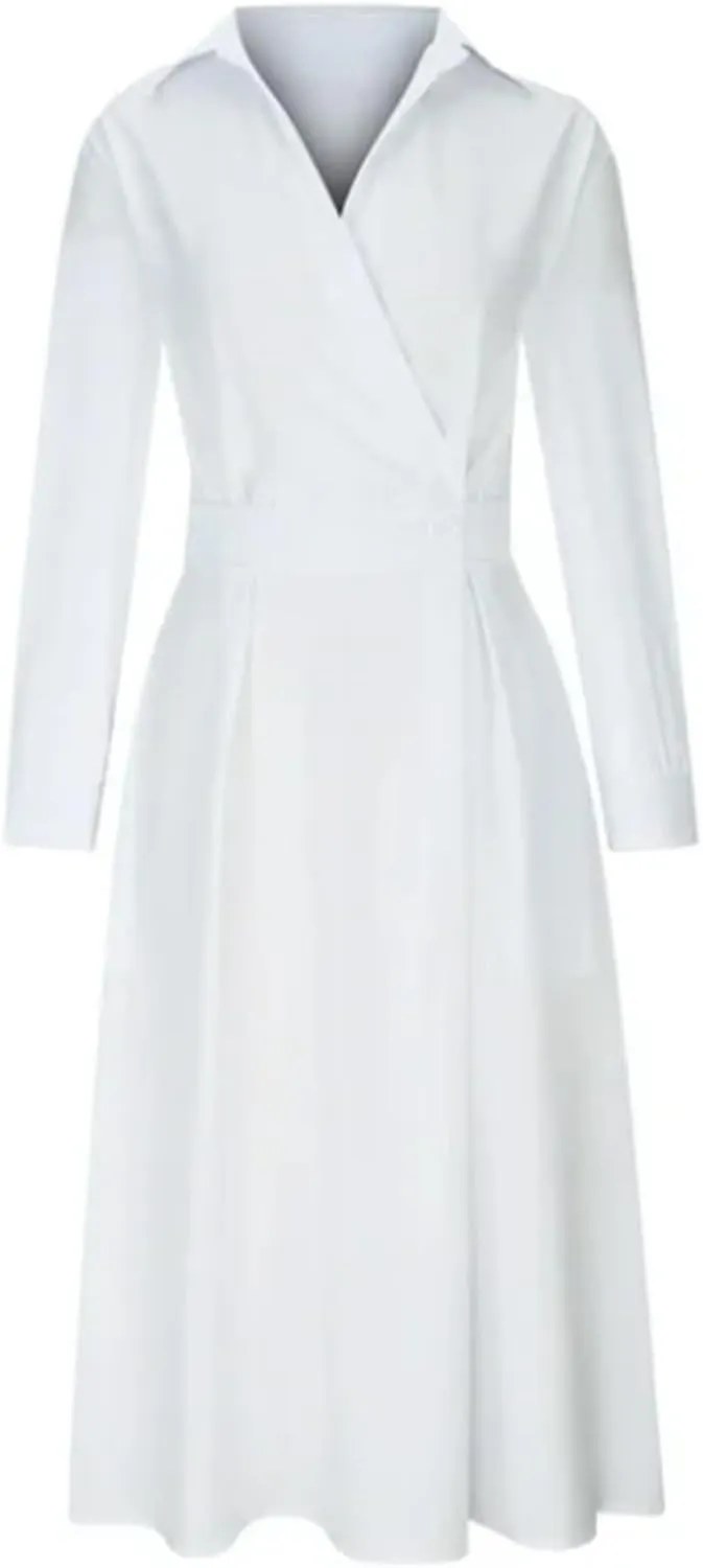 Costaric Cotton Shirt Dress for Womens Pleated Button Long Dress Long Sleeve A-line Loose Swing Dress with Pockets