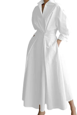 Costaric Cotton Shirt Dress for Womens Pleated Button Long Dress Long Sleeve A-line Loose Swing Dress with Pockets