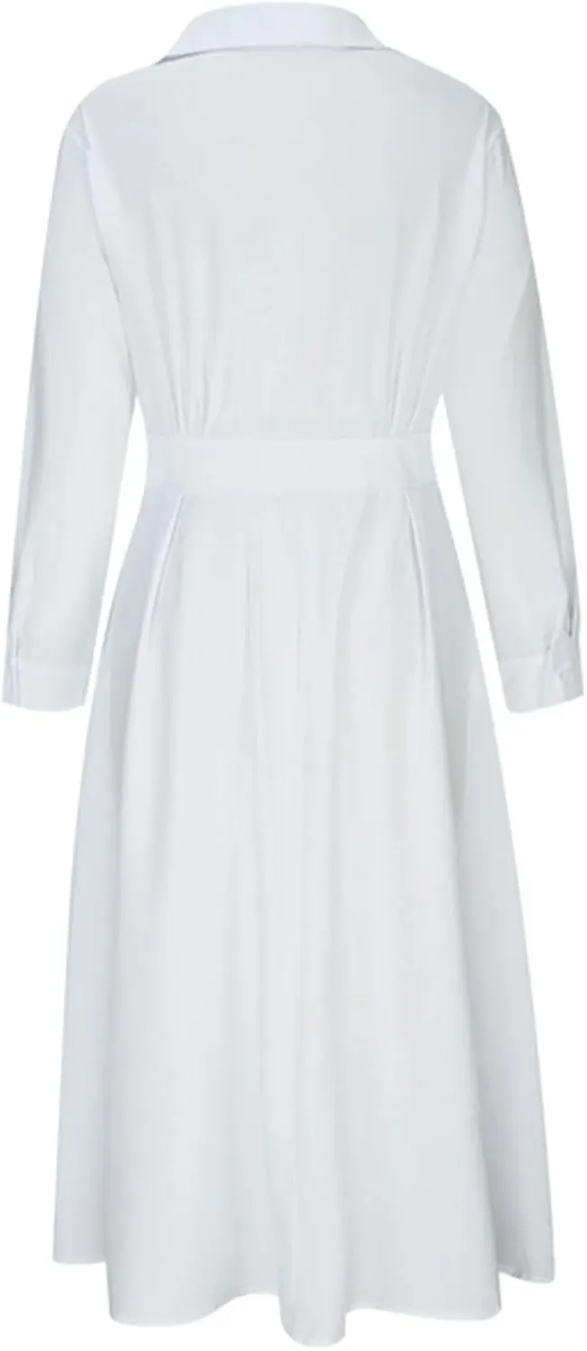 Costaric Cotton Shirt Dress for Womens Pleated Button Long Dress Long Sleeve A-line Loose Swing Dress with Pockets