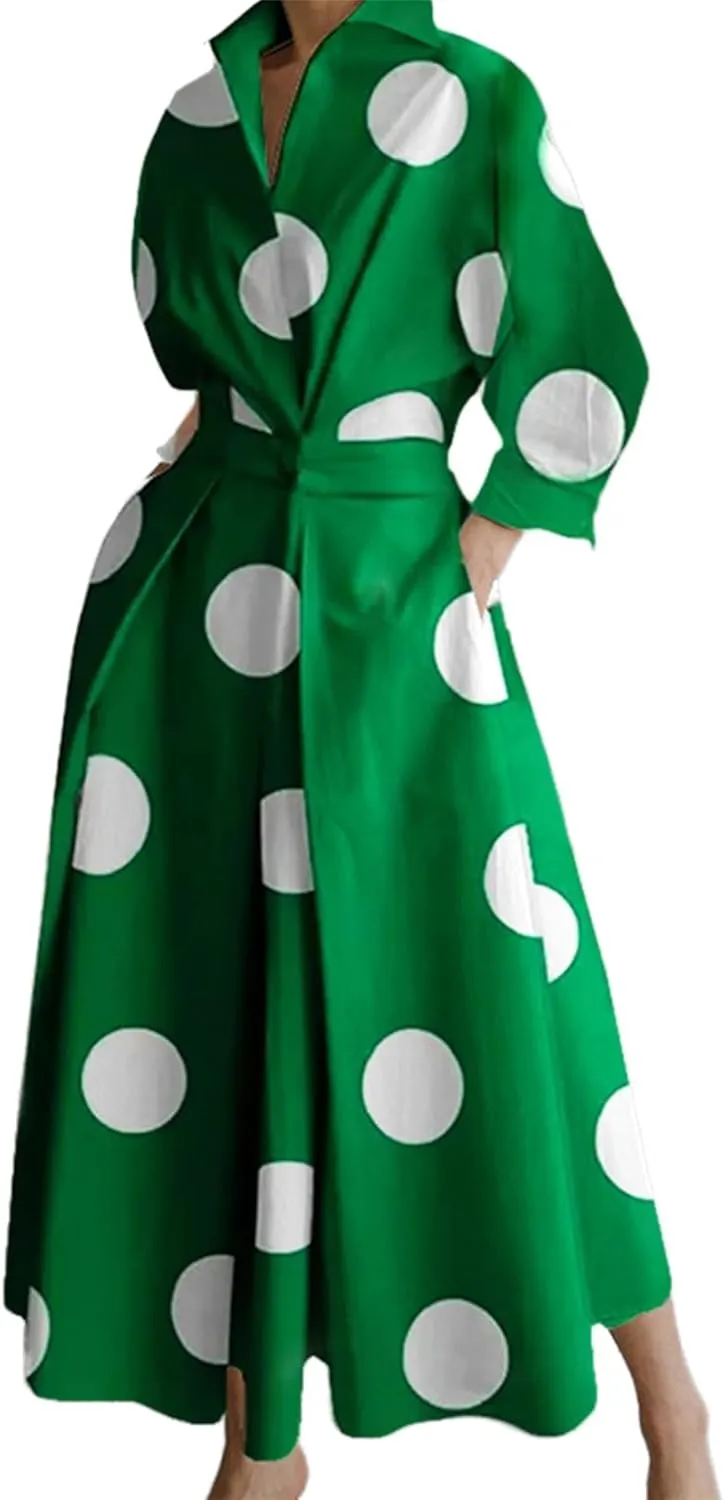 Costaric Cotton Shirt Dress for Womens Pleated Button Long Dress Long Sleeve A-line Loose Swing Dress with Pockets