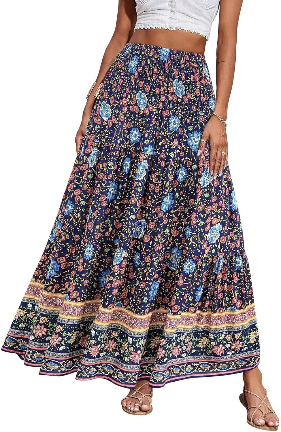 COTECRAM Maxi Skirts for Women 2025 Bohemian Long Skirts Pleated Flowy High Waist Casual A Line Floral Printed Summer Skirt
