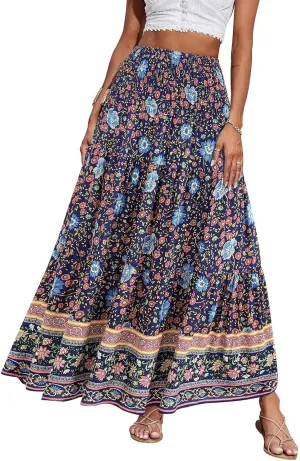 COTECRAM Maxi Skirts for Women 2025 Bohemian Long Skirts Pleated Flowy High Waist Casual A Line Floral Printed Summer Skirt
