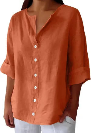 Cotton Linen Shirts for Women 2025 Trendy Summer Loose Fit Casual V Neck 3/4 Sleeve Peasant Blouses Beach Tunic Tops