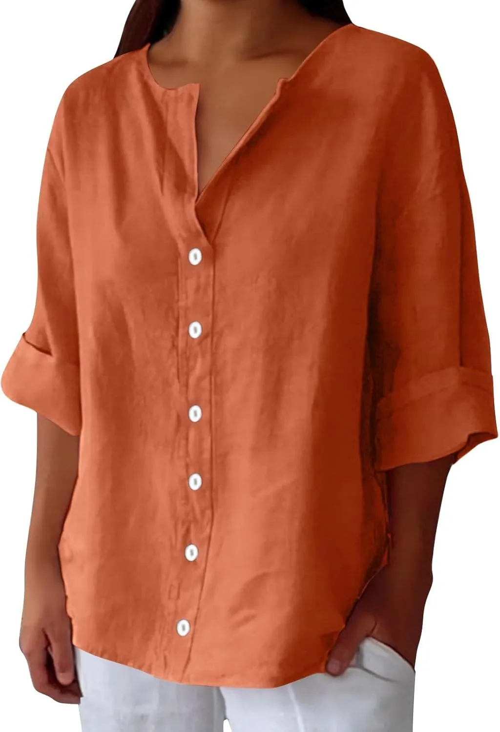 Cotton Linen Shirts for Women 2025 Trendy Summer Loose Fit Casual V Neck 3/4 Sleeve Peasant Blouses Beach Tunic Tops