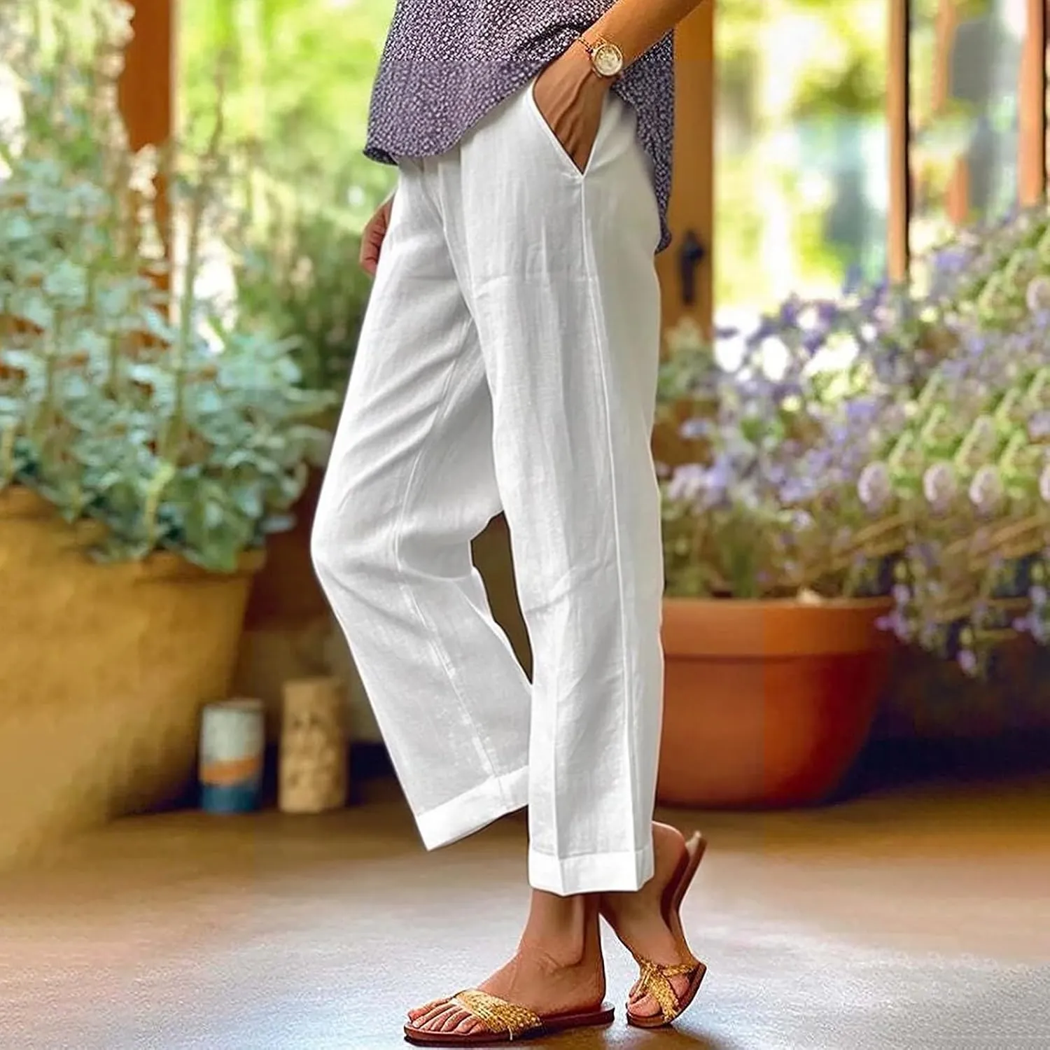 Cropped Linen Pants Women Summer Elastic Waist Straight Leg Slit Plus Size Pant Casual Trousers with Pockets