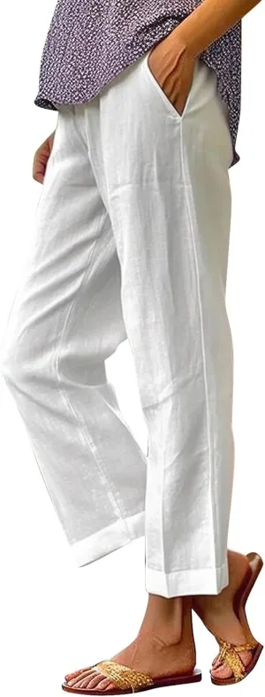 Cropped Linen Pants Women Summer Elastic Waist Straight Leg Slit Plus Size Pant Casual Trousers with Pockets