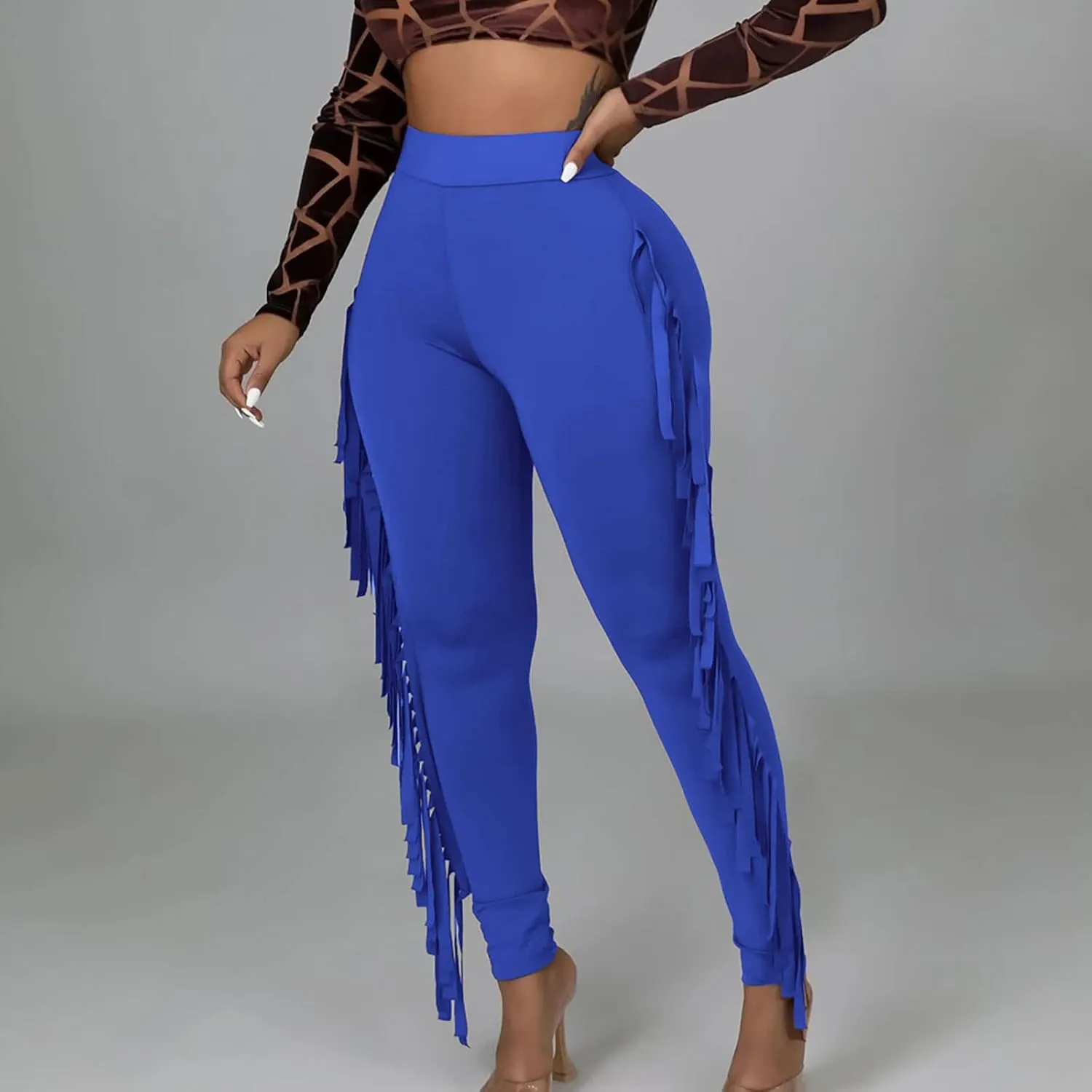 Firzero Women's Fringe Pants Sexy Casual High Waist Solid Color Bodycon Side Tassel Leggings Trendy 2024 Yoga Pants