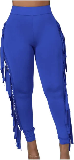 Firzero Women's Fringe Pants Sexy Casual High Waist Solid Color Bodycon Side Tassel Leggings Trendy 2024 Yoga Pants