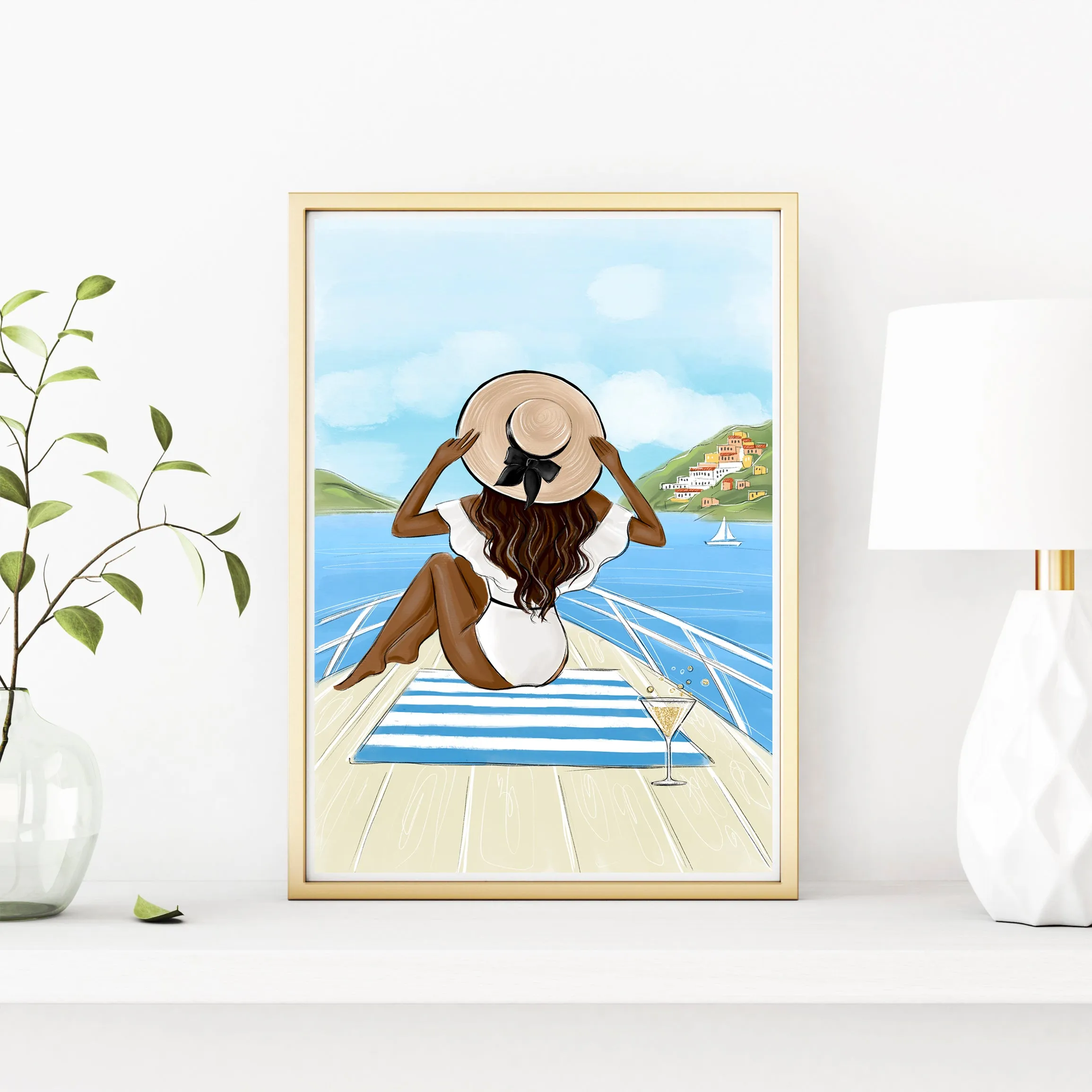 Girl on yacht summer art print fashion illustration