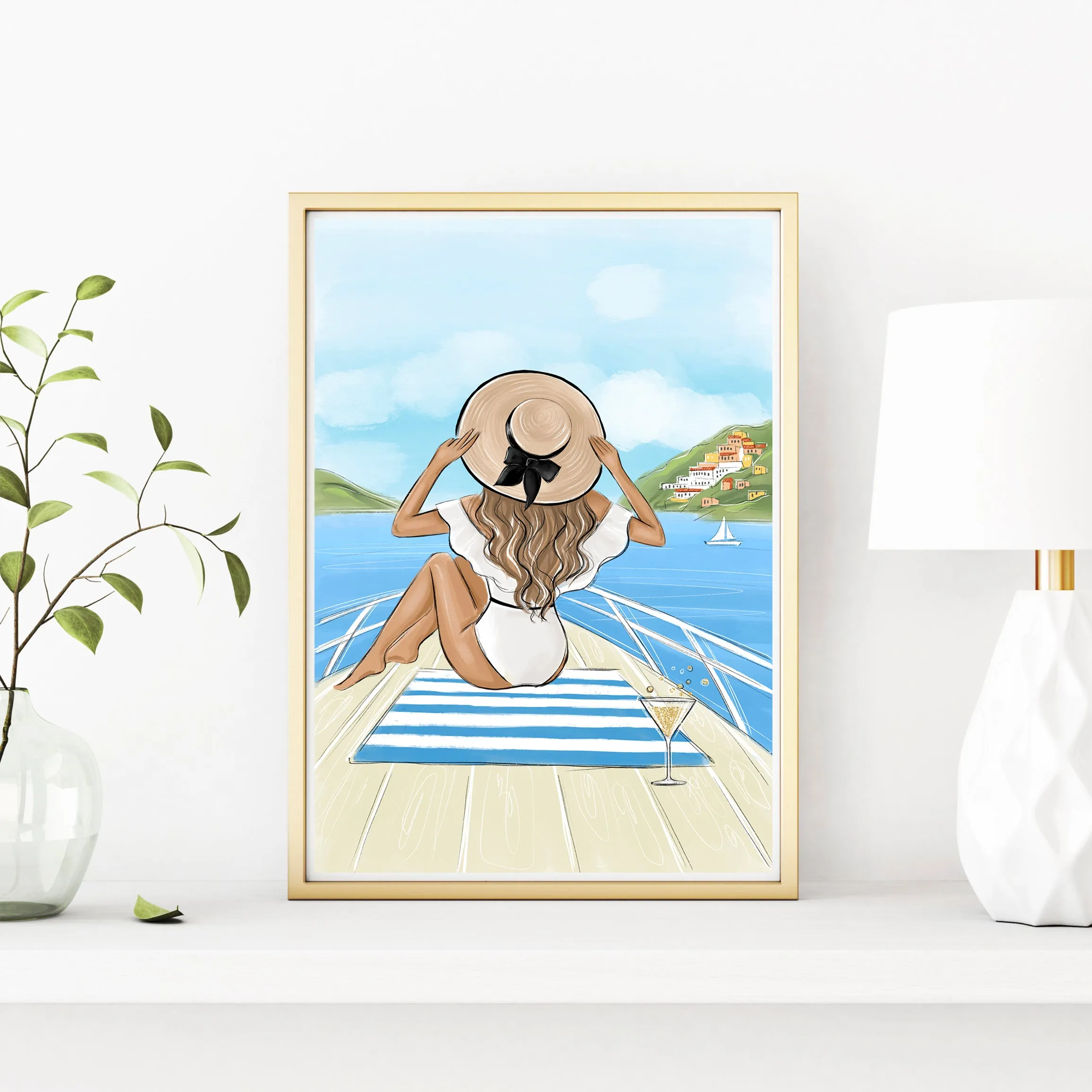 Girl on yacht summer art print fashion illustration
