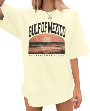 Gulf of Mexico Forever T Shirts for Women Vintage Graphic Oversized Shirt Retro Short Sleeve Loose Fit Tee Tops