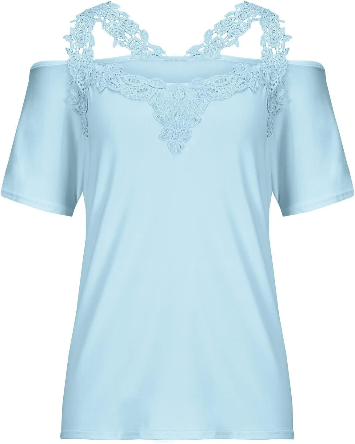 Lace Crochet Cold Shoulder Tops for Women Trendy Summer Short Sleeve Tunic Shirts Casual Loose Strappy Blouses