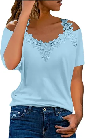 Lace Crochet Cold Shoulder Tops for Women Trendy Summer Short Sleeve Tunic Shirts Casual Loose Strappy Blouses