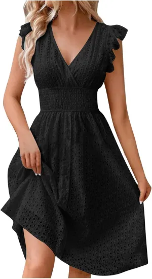 Ladies V Neck Eyelet Midi Dress Pleated Sleeve Wrap A Line Summer Dresses Knee Length Lightweight Flowy Soft Beachwear