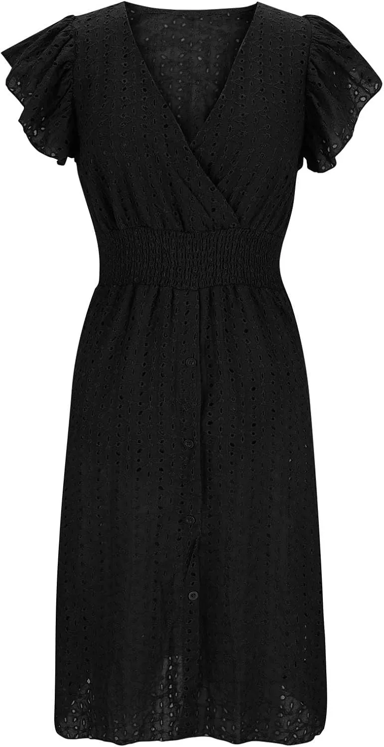 Ladies V Neck Eyelet Midi Dress Pleated Sleeve Wrap A Line Summer Dresses Knee Length Lightweight Flowy Soft Beachwear