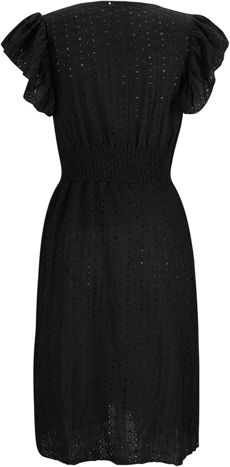Ladies V Neck Eyelet Midi Dress Pleated Sleeve Wrap A Line Summer Dresses Knee Length Lightweight Flowy Soft Beachwear