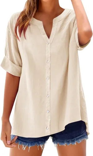 Linen Shirt for Women Button Down Shirts for Women Solid Short Sleeve Tunic Tops Casual V Neck Dressy Blouses